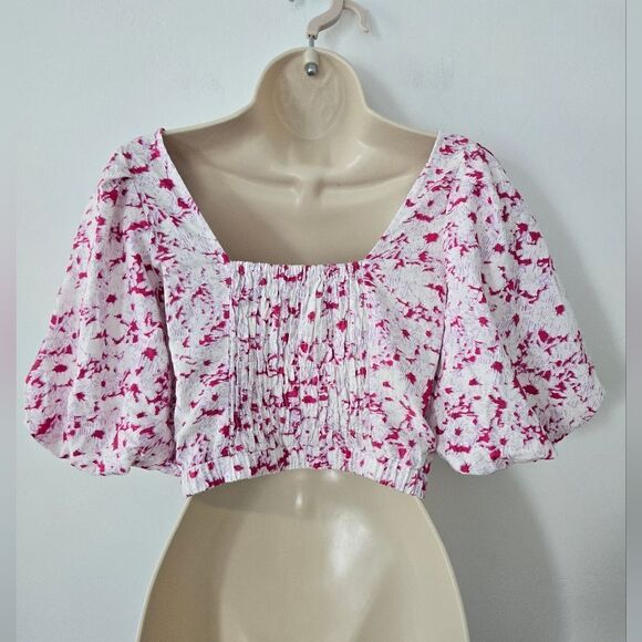 Open Edit Puff Sleeve Square Neck Floral Print Crop Top Linen blend - Picture 5 of 8